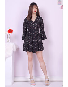 Fine Bell Sleeve Floral Print Ruched Playsuit (Black)